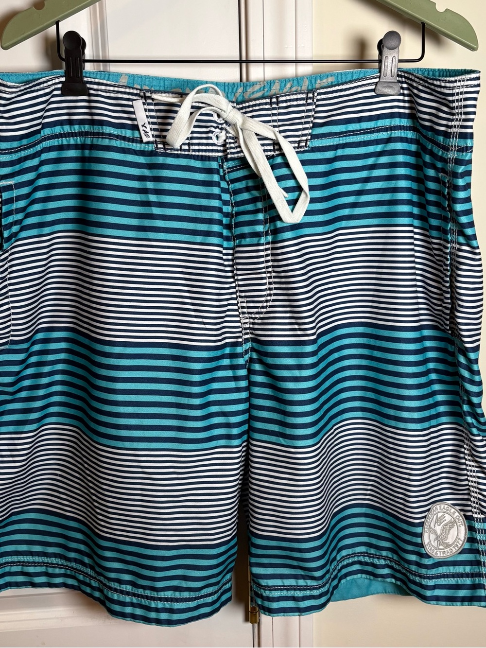 American Eagle Outfitters Teal, Navy & White Striped Men’s Swim Board Shorts XL